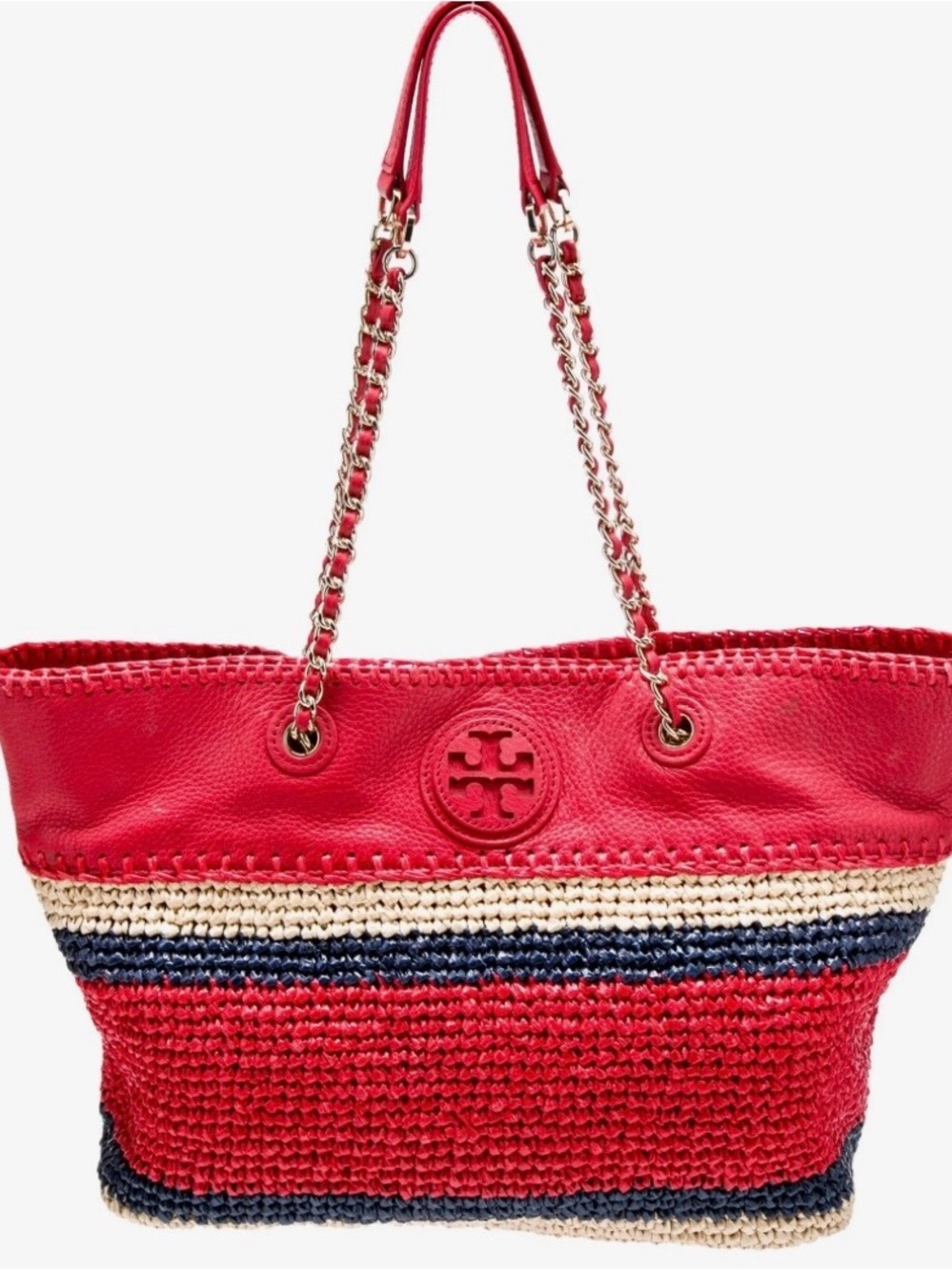 Tory Burch Red Straw & Leather Tote Bag with Chain Handles
